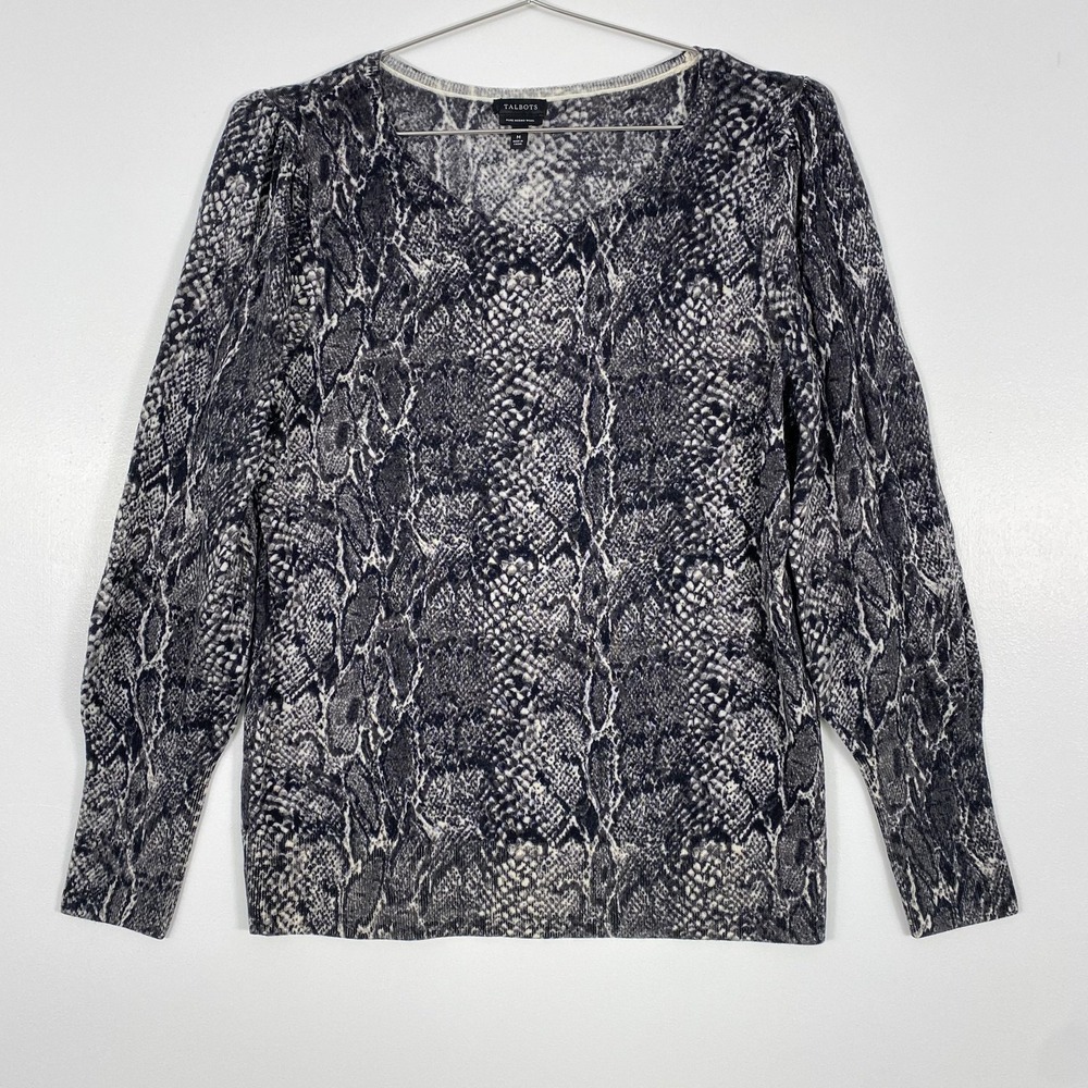 Talbots Sweater Womens Medium Gray Black Snake Animal Print Merino Wool Pullover